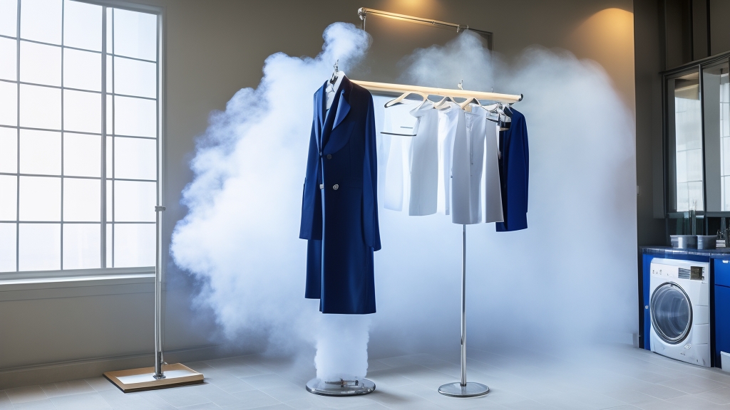 Modern függőleges gőzölő használata akasztott ruhadarabokon elegáns ruhával és üzleti inggel