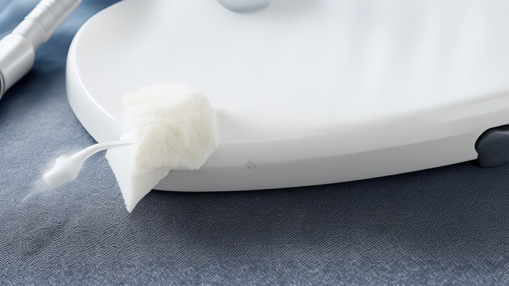 Közeli makró fotó vasaló talplemez gőznyílásairól vattapálcával való tisztítás közben