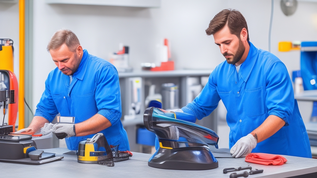 Professzionális vasaló szerviz központ szerelő vizsgálja a gőzölős vasalót eszközökkel és alkatrészekkel