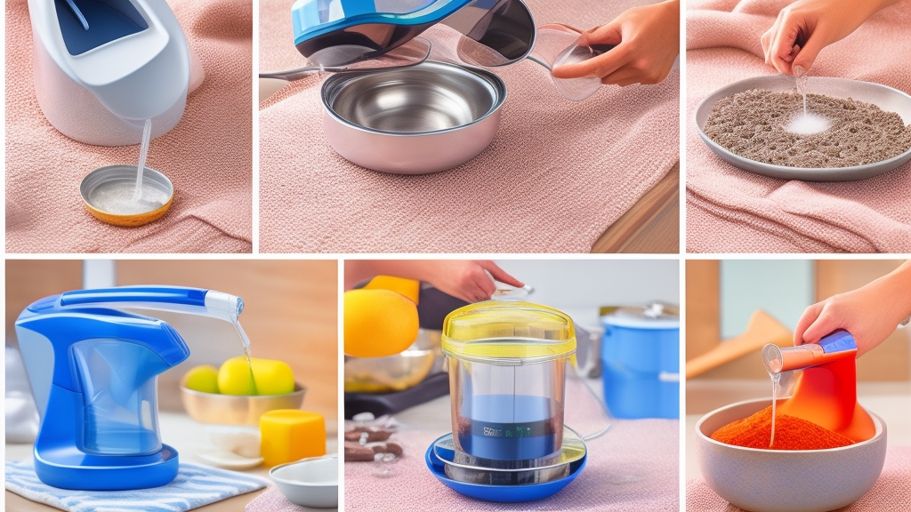 Lépésről lépésre vasaló vízkőmentesítés ecetes oldattal mérőpohárban és gőzölő vasalóval